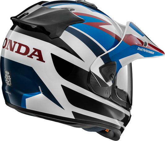 Blue ARAI HELMETS XD-5 motorcycle helmet for Honda Africa Twin, XS size, featuring aerodynamic design and safety features.