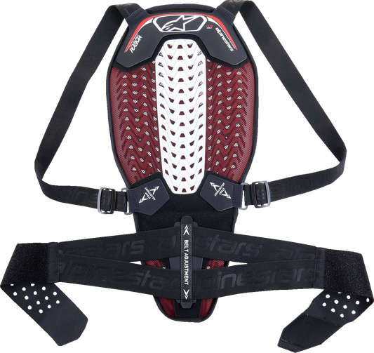 Alpinestars Nucleon Plasma back protector in black, white, and red, size large, showing protective foam and adjustable straps.