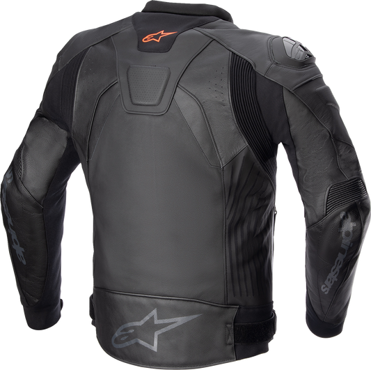 Alpinestars GP Plus v4 black leather motorcycle jacket with advanced race design and protection, US 42 / EU 52 size.