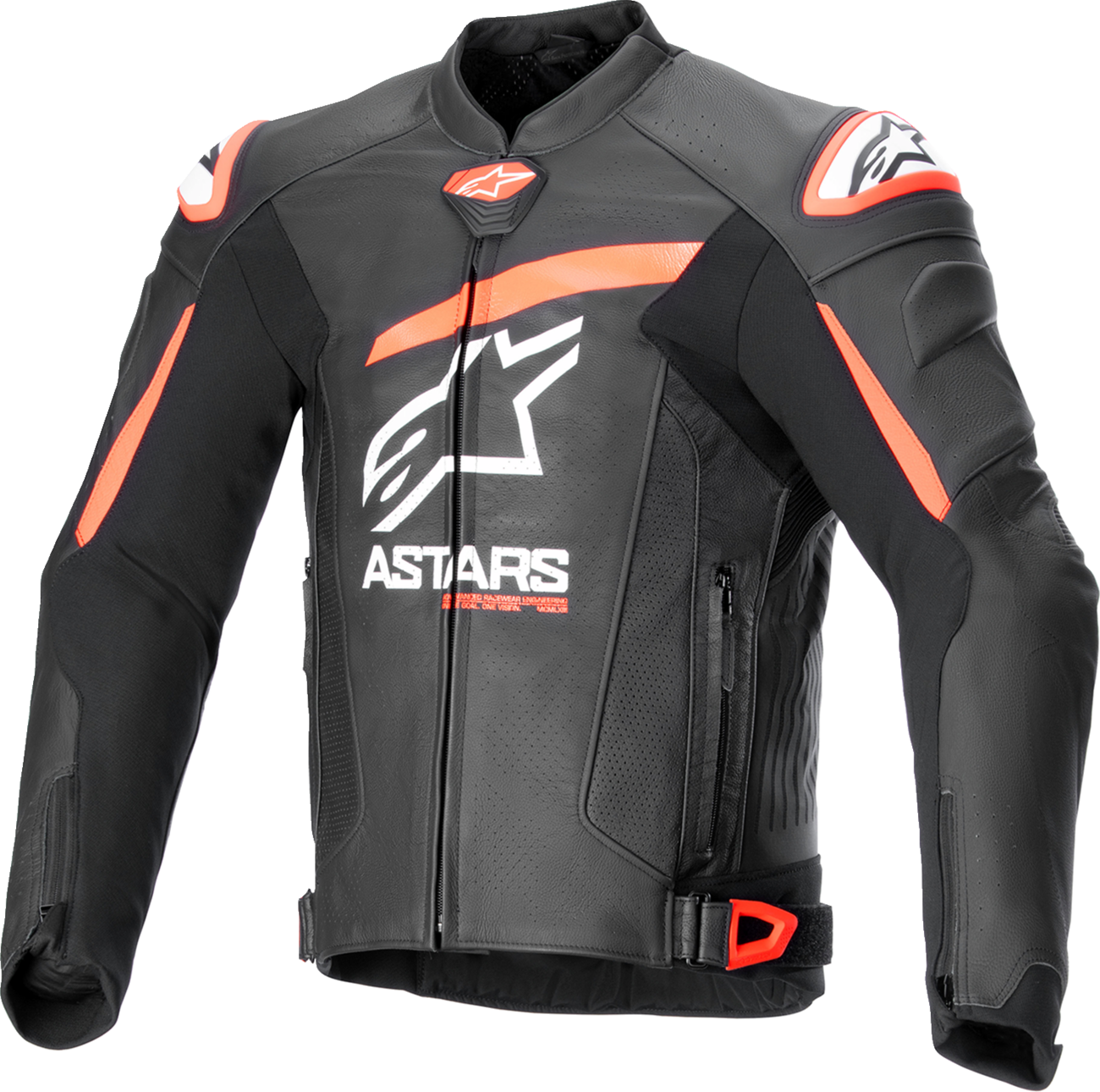 Alpinestars GP Plus R v4 Airflow Leather Motorcycle Jacket in black, red fluo, and white with protective armor details.