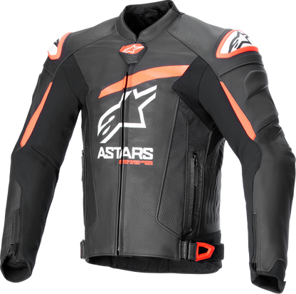 Alpinestars GP Plus R v4 Airflow Leather Motorcycle Jacket in black, red fluo, and white with protective armor details.