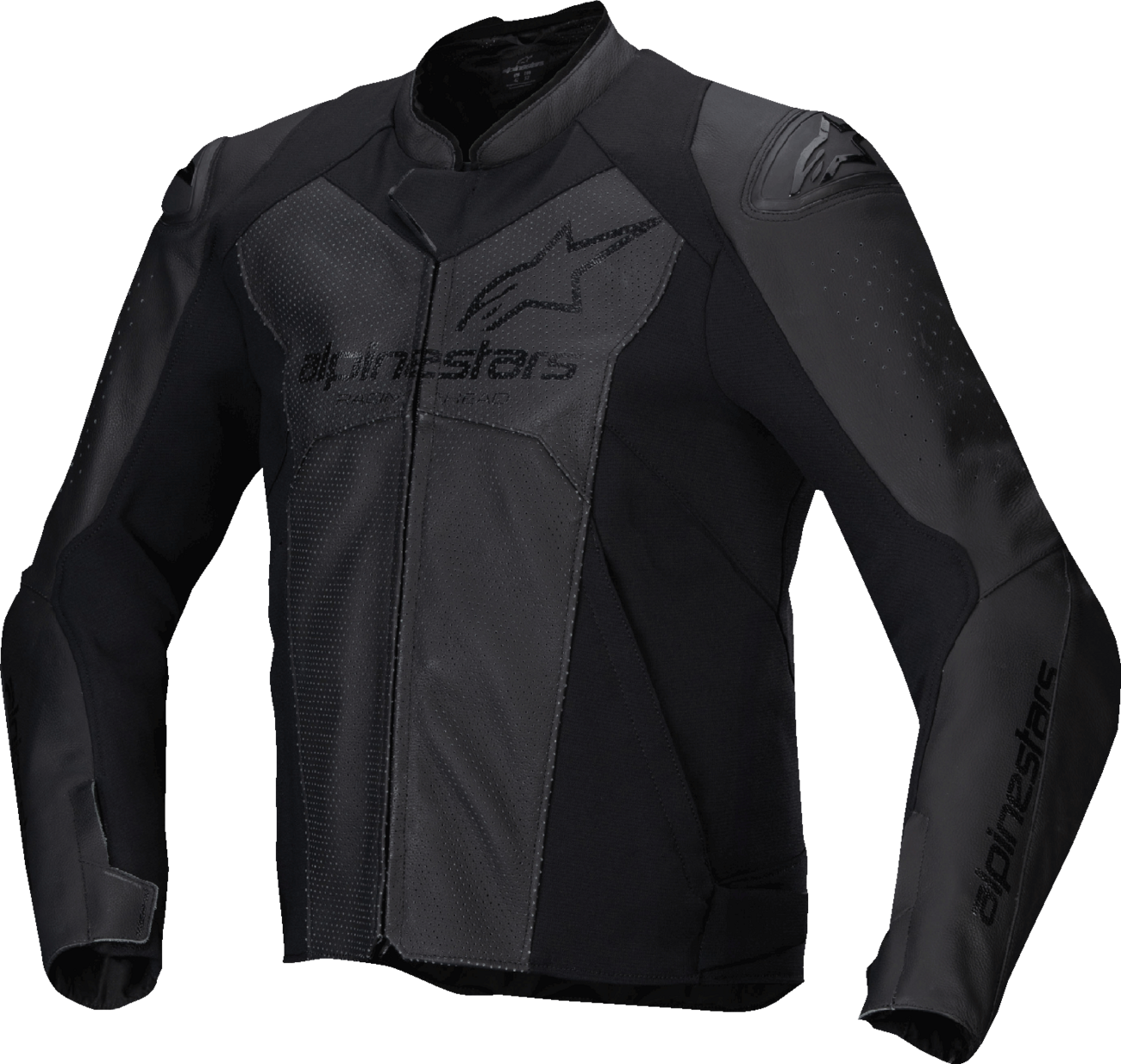 Alpinestars Faster v3 Airflow leather motorcycle jacket in black, showing front view with ventilation panels and branding.