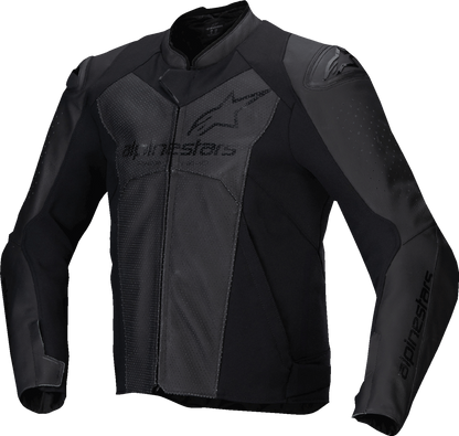 Alpinestars Faster v3 Airflow leather motorcycle jacket in black, showing front view with ventilation panels and branding.