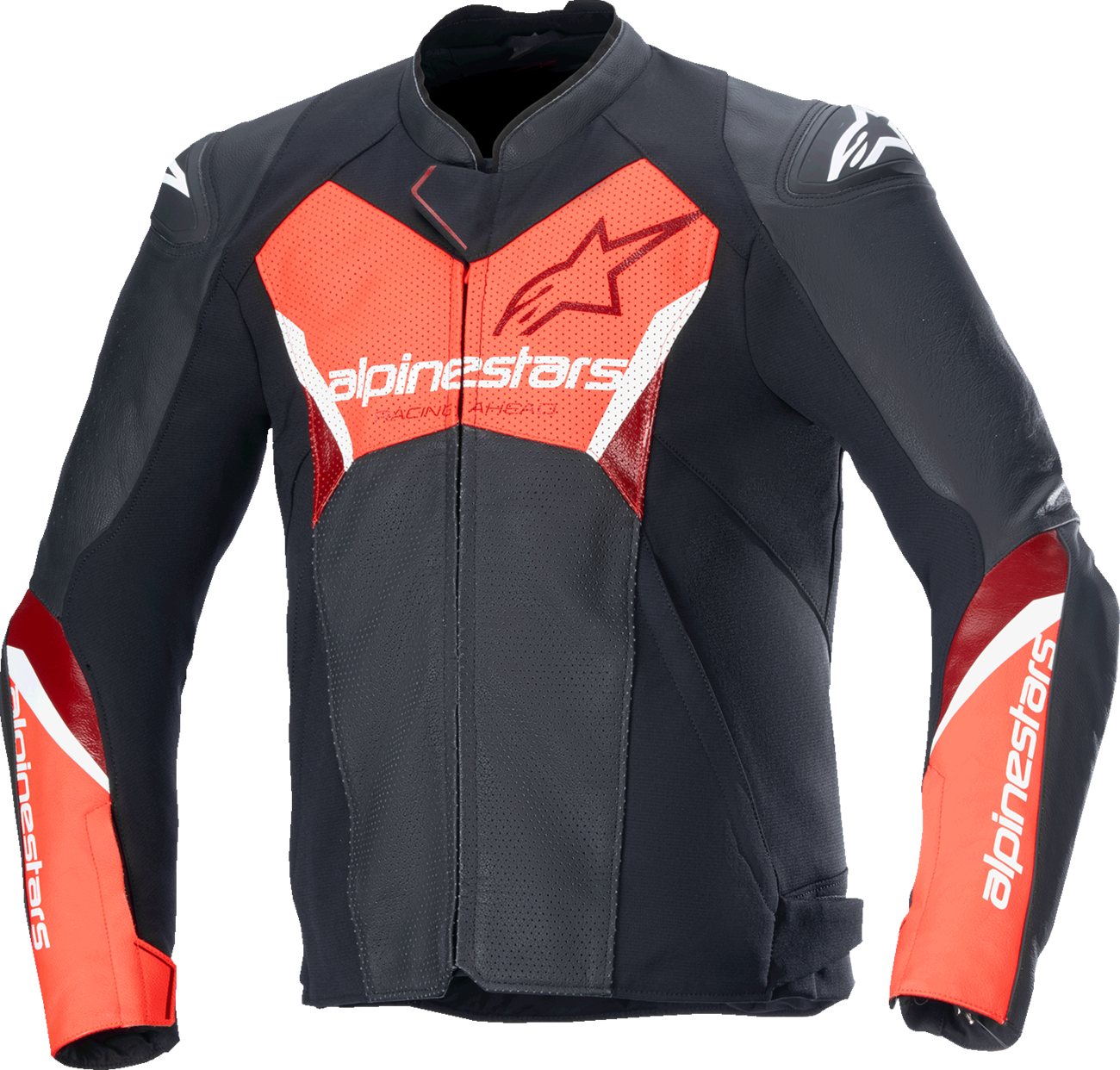 Alpinestars Faster v3 Airflow leather motorcycle jacket in black and red fluo, US 50 / EU 60, with visible armor and ventilation panels.