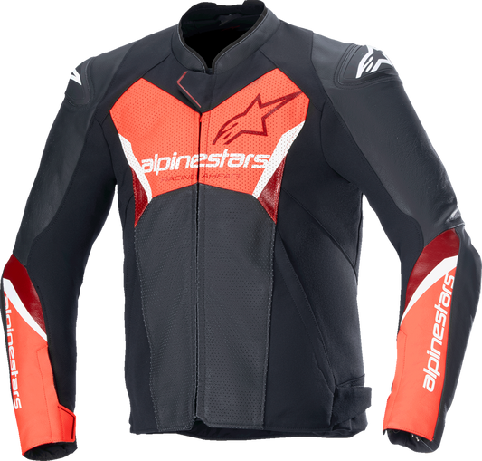 Alpinestars Faster v3 Airflow leather motorcycle jacket in black and red fluo, US 50 / EU 60, with visible armor and ventilation panels.