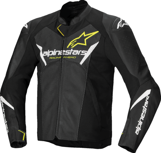 Alpinestars Faster v3 Airflow leather motorcycle jacket in black, white, and yellow fluo with protective armor, US 40 / EU 50.