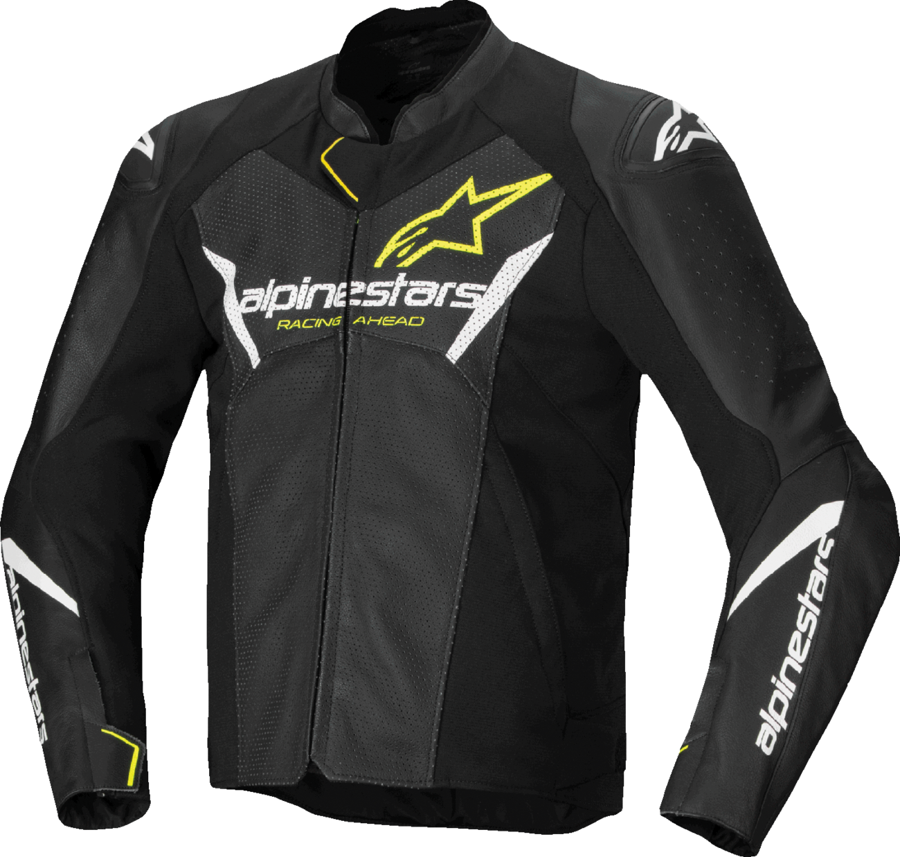 Alpinestars Faster v3 Airflow leather motorcycle jacket in black, white, and yellow fluo, US 50 / EU 60, with protective armor