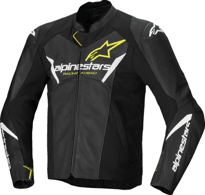 Alpinestars Faster v3 Airflow leather motorcycle jacket in black, white, and yellow fluo, US 50 / EU 60, with protective armor