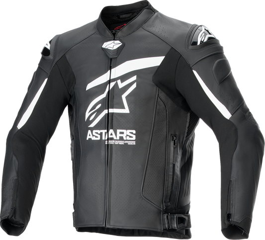 Alpinestars GP Plus R v4 Airflow leather motorcycle jacket in black and white, showing shoulder and sleeve details.
