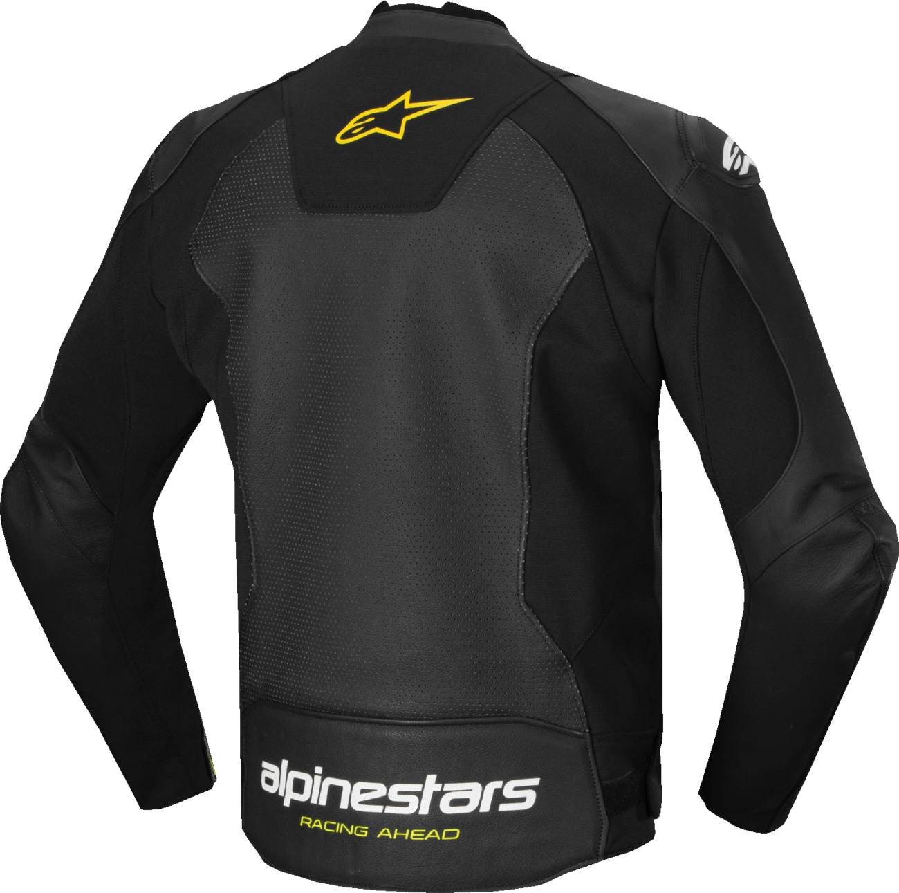 Alpinestars Faster v3 Airflow leather motorcycle jacket in black, white, and yellow fluo, size US 50 / EU 60, front view.