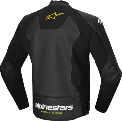 Alpinestars Faster v3 Airflow leather motorcycle jacket in black, white, and yellow fluo, size US 50 / EU 60, front view.