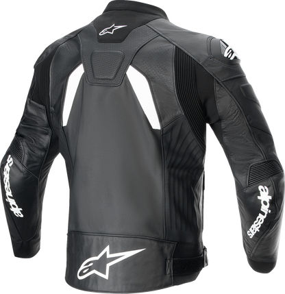 Alpinestars GP Plus R v4 Airflow leather motorcycle jacket in black and white, US 42 / EU 52, with protective shoulder details.