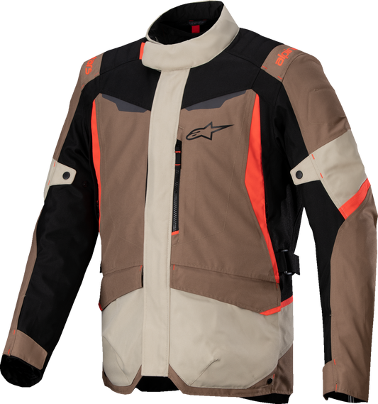 Alpinestars ST-1 WP motorcycle jacket in dark khaki, sand, black, and red fluo, medium size, shown with waterproof material and design.