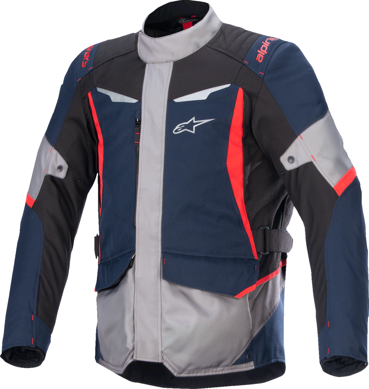 Alpinestars ST-1 WP jacket in dark blue, black, and bright red, small size, shown on a hanger with waterproof fabric and sporty design.