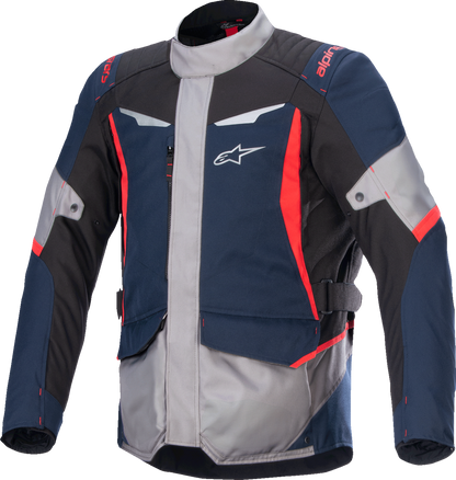 Alpinestars ST-1 WP jacket in dark blue, black, and bright red, small size, shown on a hanger with waterproof fabric and sporty design.