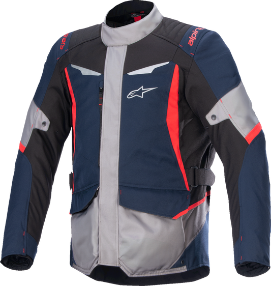 Alpinestars ST-1 WP jacket in dark blue, black, and bright red, small size, shown on a hanger with waterproof fabric and sporty design.