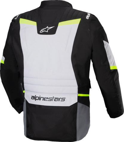 Alpinestars ST-1 WP waterproof motorcycle jacket in ice gray, black, and yellow fluo, size 3XL, shown on a model.