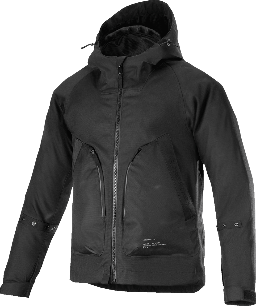 Alpinestars Morush WP waterproof motorcycle jacket in black, size 4XL, shown with front zipper and protective design.