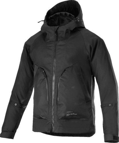 Alpinestars Morush WP waterproof motorcycle jacket in black, size 4XL, shown with front zipper and protective design.