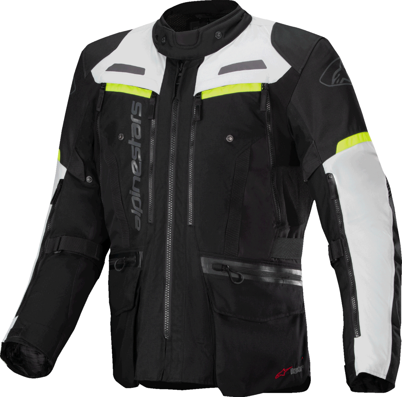 Alpinestars Bogota Pro Drystar motorcycle jacket in small, dark black, ice gray, and yellow fluo with protective features.