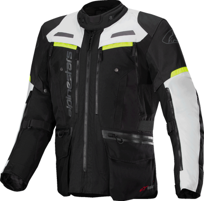 Alpinestars Bogota Pro Drystar motorcycle jacket in 4XL, dark black, ice gray, and yellow fluo with protective features.