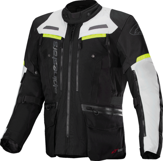 Alpinestars Bogota Pro Drystar motorcycle jacket in 4XL, dark black, ice gray, and yellow fluo with protective features.