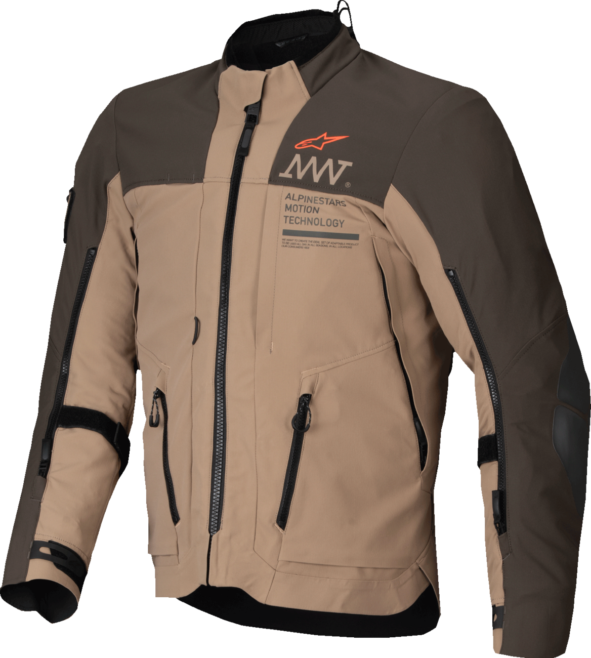 Alpinestars AMT-8 Stretch Drystar XF motorcycle jacket in dark brown and khaki, XL size, featuring durable textile and protective design.