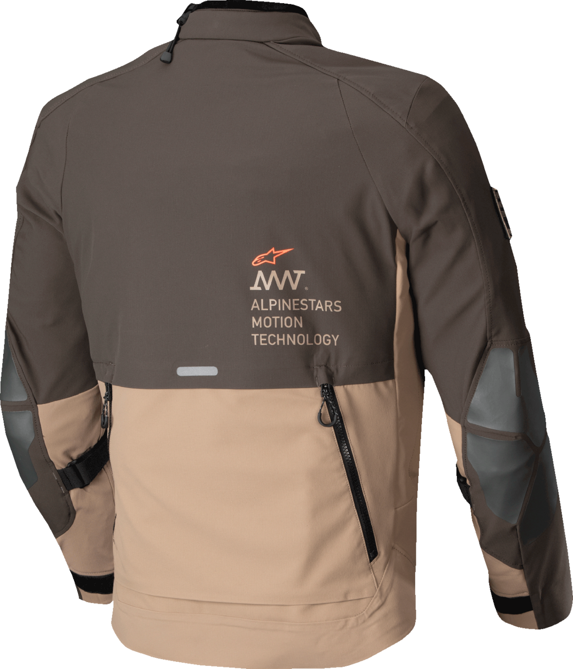 Alpinestars AMT-8 Stretch Drystar XF jacket in dark brown and khaki, small size, showing durable outdoor motorcycle gear.