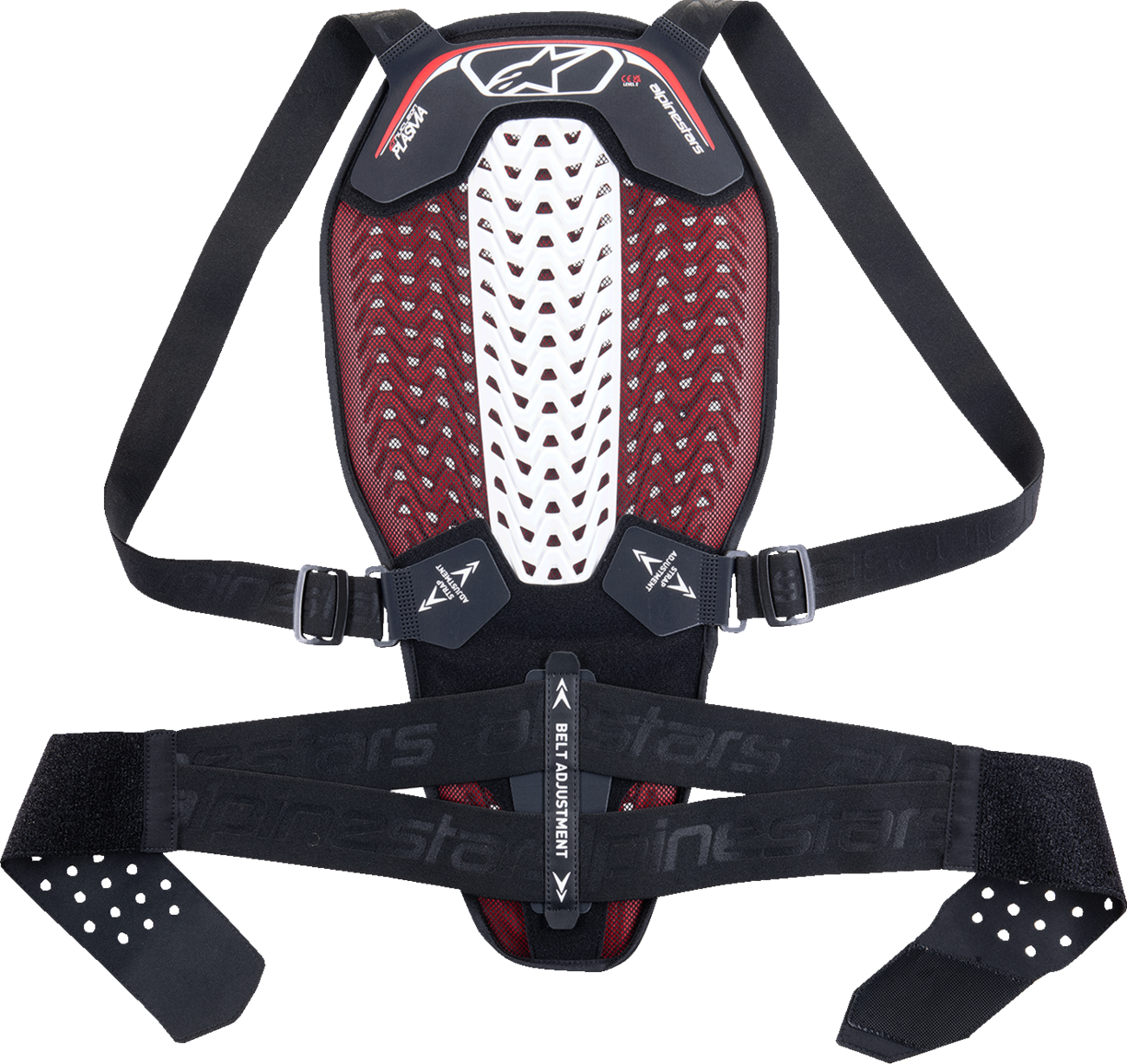 Alpinestars Nucleon Plasma back protector in black, white, and red, medium size, showing protective foam and adjustable straps.