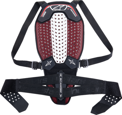 Alpinestars Nucleon Plasma back protector in black, white, and red, medium size, showing protective foam and adjustable straps.