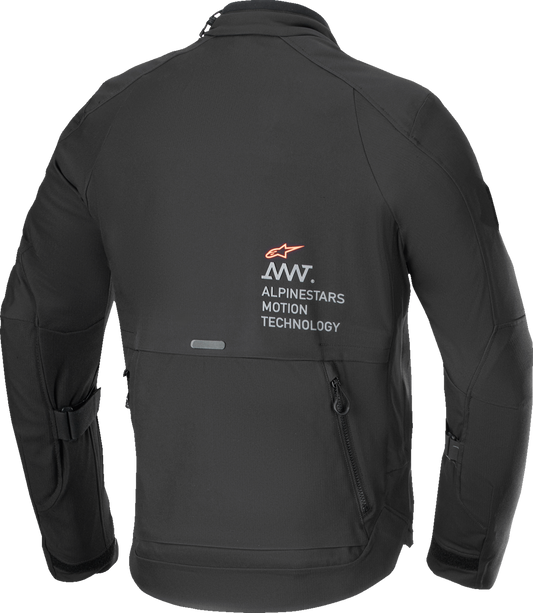 Black Alpinestars AMT-8 Stretch Drystar® XF Motorcycle Jacket in 4XL, featuring durable waterproof material and flexible design.