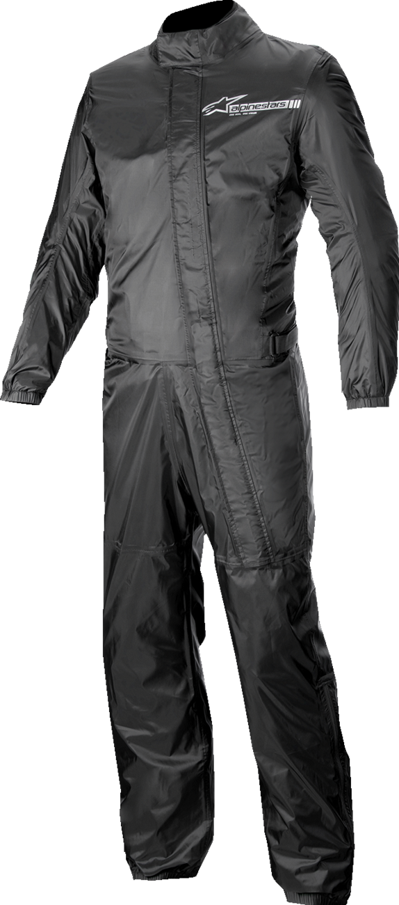 Alpinestars Hurricane v2 Rainsuit in black, medium size, featuring waterproof material and adjustable hood for motorcycling protection.
