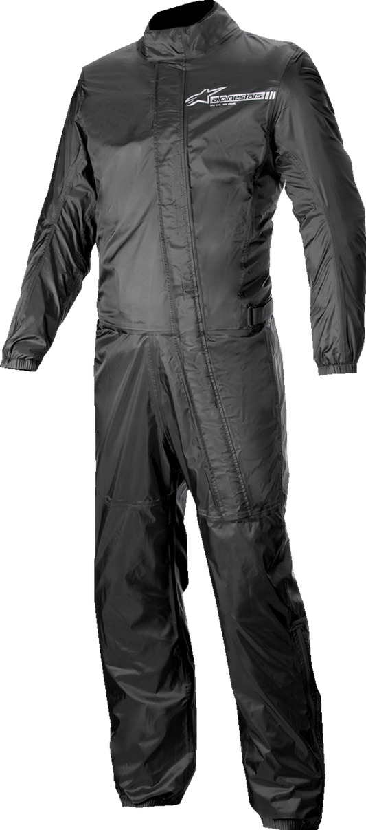 Alpinestars Hurricane v2 Rainsuit in black, medium size, featuring waterproof material and adjustable hood for motorcycling protection.