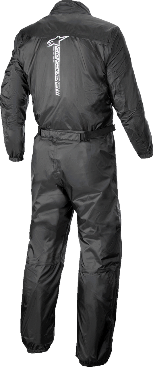 Alpinestars Hurricane v2 Rainsuit in black, medium size, lightweight waterproof motorcycle rain gear with hood and reflective accents.
