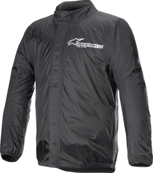 Black Alpinestars Hurricane Rain v2 motorcycle jacket in 4XL, waterproof gear with reflective accents and adjustable features.