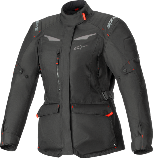 Alpinestars Stella ST-1 waterproof motorcycle jacket in black, medium size, featuring protective armor and waterproof fabric.