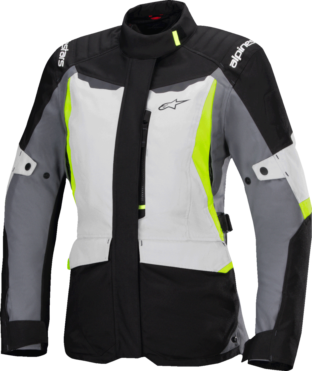Alpinestars Stella ST-1 waterproof motorcycle jacket in ice gray, black, and yellow fluo, medium size, shown with front view.