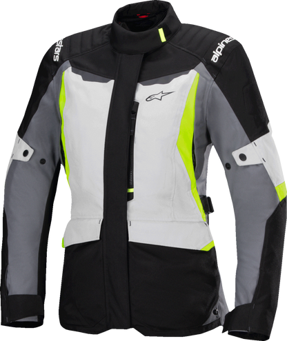Alpinestars Stella ST-1 waterproof motorcycle jacket in ice gray, black, and yellow fluo, medium size, shown with front view.