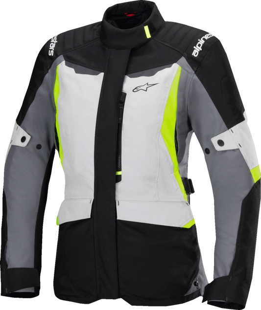 Alpinestars Stella ST-1 waterproof motorcycle jacket in ice gray, black, and yellow fluo, medium size, shown with front view.