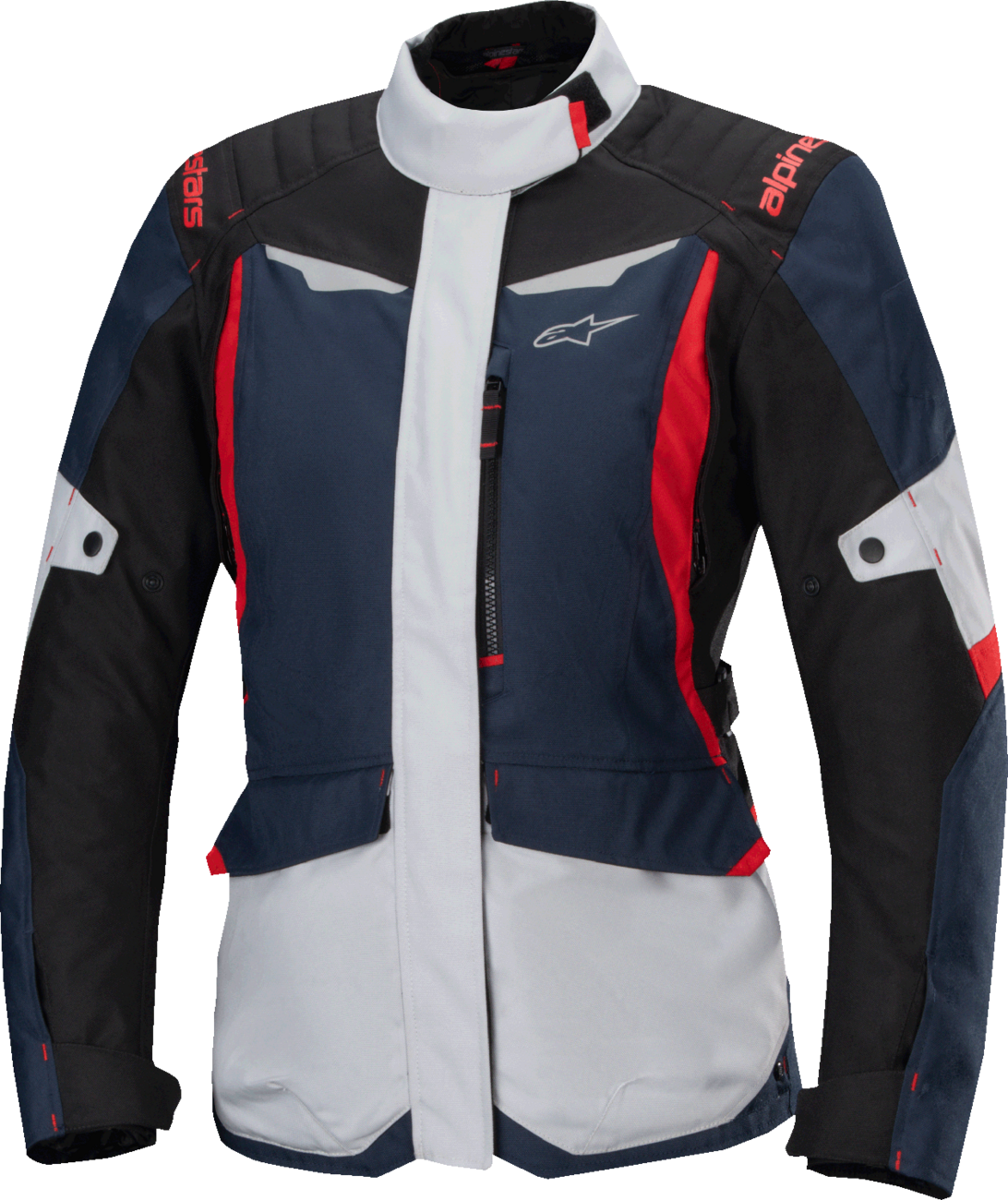 Alpinestars Stella ST-1 waterproof motorcycle jacket in blue, black, and red fluo with reflective details, size small.