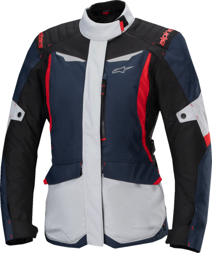 Alpinestars Stella ST-1 waterproof motorcycle jacket in blue, black, and red fluo with reflective details, size small.