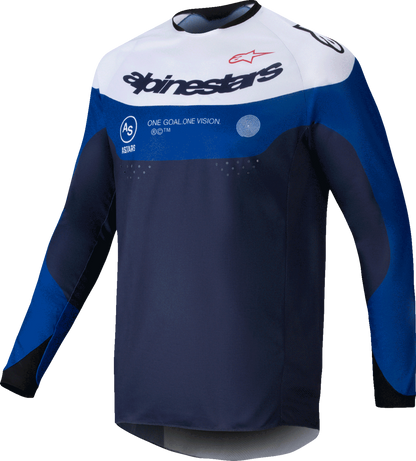 Alpinestars Pro-Dura long-sleeve jersey in navy, bright blue, and white with visible branding and mesh fabric for motocross riding.