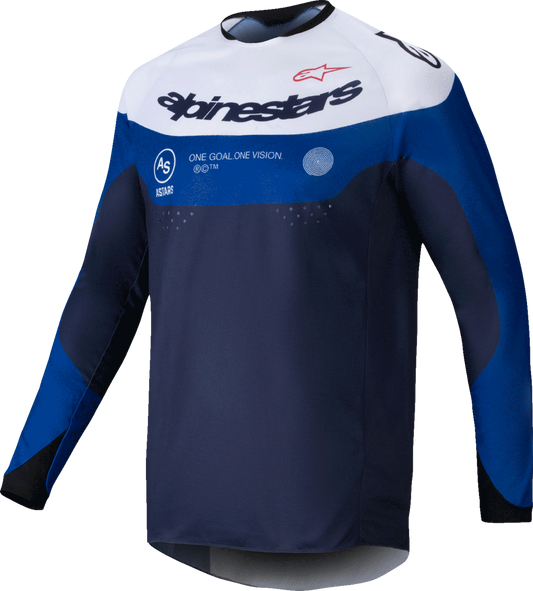 Alpinestars Pro-Dura long-sleeve jersey in navy, bright blue, and white with visible branding and mesh fabric for motocross riding.
