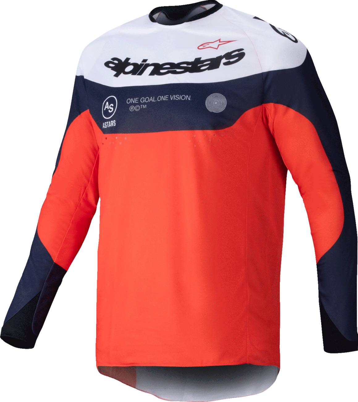 Alpinestars Pro-Dura long-sleeve jersey in navy, hot orange, and white, featuring the brand logo on the chest and sleeves.