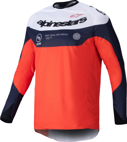 Alpinestars Pro-Dura long-sleeve jersey in navy, hot orange, and white, featuring the brand logo on the chest and sleeves.