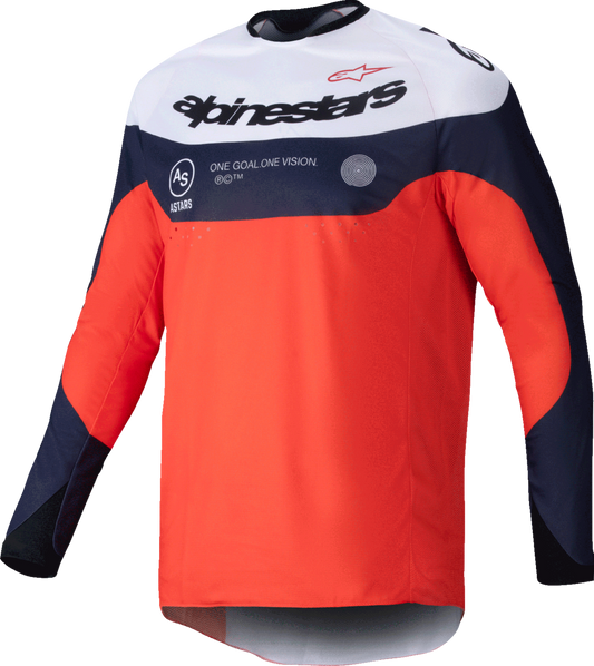 Alpinestars Pro-Dura long-sleeve jersey in navy, hot orange, and white, featuring the brand logo on the chest and sleeves.