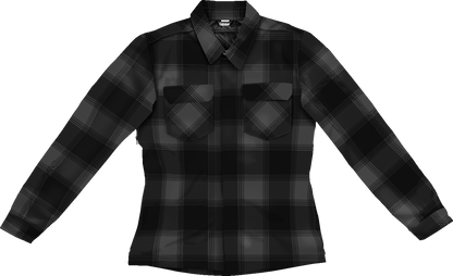 ICON Women's Fallblock CX Flannel Jacket in black, showcasing the stylish black flannel jacket with ICON branding and button details.