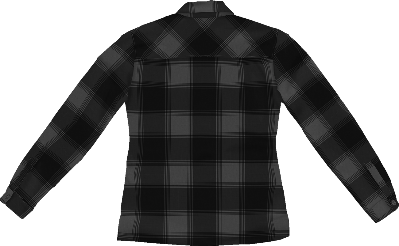 ICON Women's Fallblock CX Flannel Jacket in black, showcasing the cozy, stylish flannel design with a classic collar and button closure.