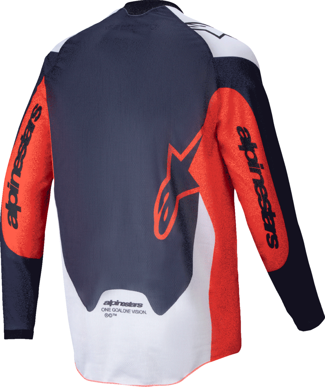 Alpinestars Pro-Dura long-sleeve motorcycle jersey in navy, hot orange, and white, with a fitted design and visible branding.