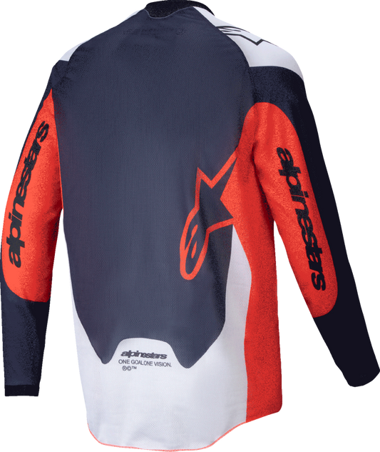 Alpinestars Pro-Dura long-sleeve motorcycle jersey in navy, hot orange, and white, with a fitted design and visible branding.